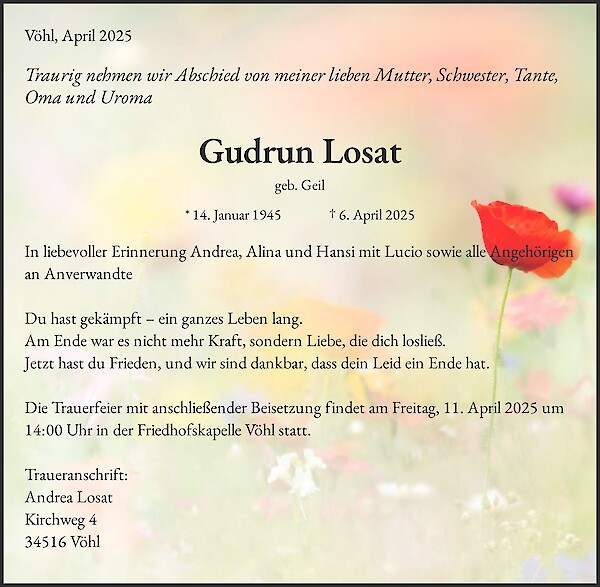 Traueranzeige von Gudrun Losat