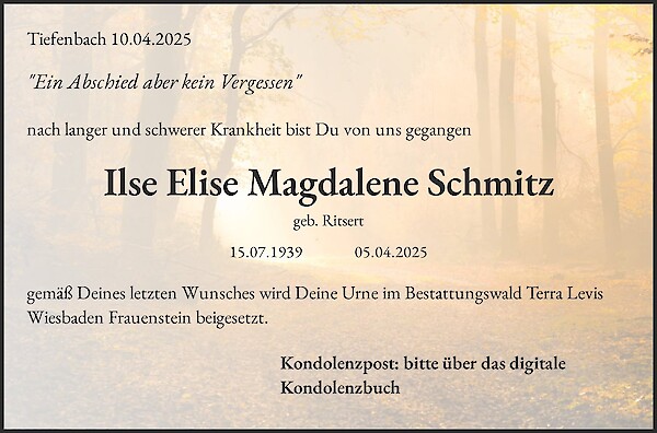 Traueranzeige von Ilse Elise Magdalene Schmitz