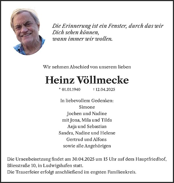Traueranzeige von Heinz Völlmecke, Ludwigshafen