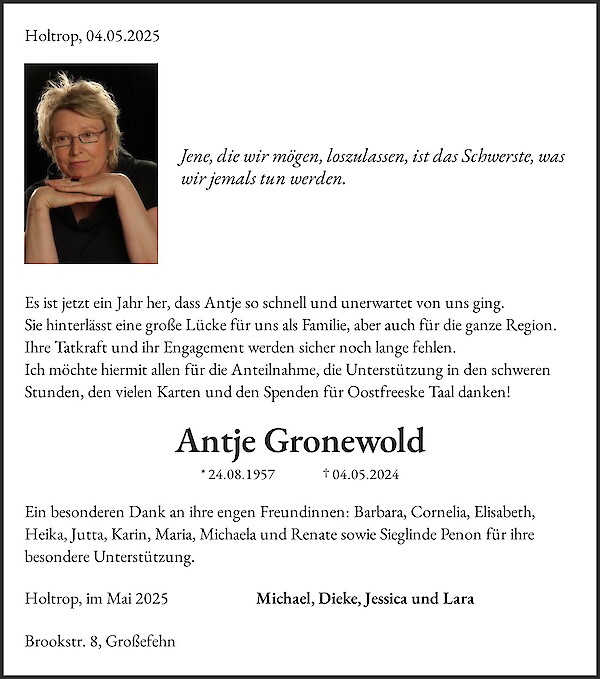 Traueranzeige von Antje Gronewold