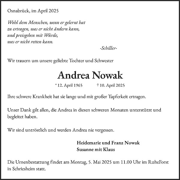 Traueranzeige von Andrea Nowak