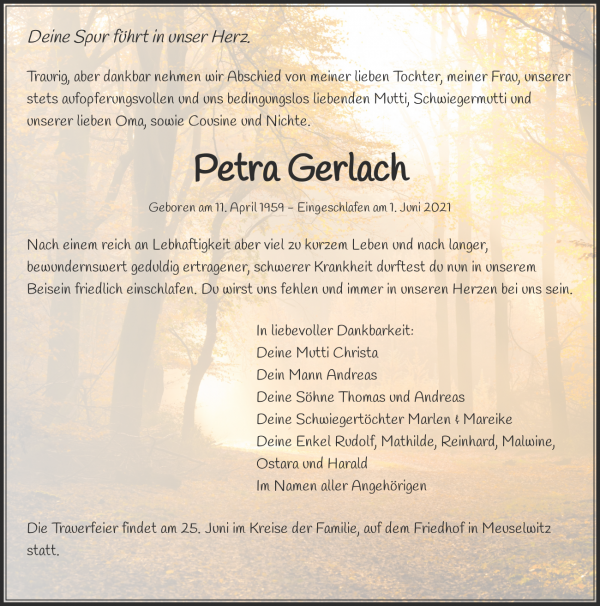 Traueranzeige von Petra Gerlach, Meuselwitz