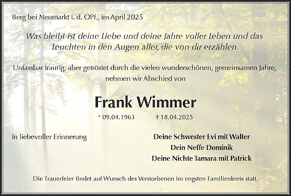 Traueranzeige von Frank Wimmer, Berg bei Neumarkt i. d. OPf.
