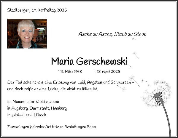Traueranzeige von Maria Gerschewski, Stadtbergen, bei Augsburg