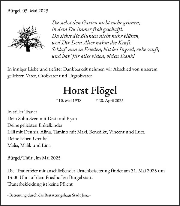Traueranzeige von Horst Flögel, Bürgel