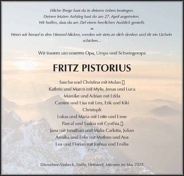 Traueranzeige von FRITZ PISTORIUS, Diemelsee
