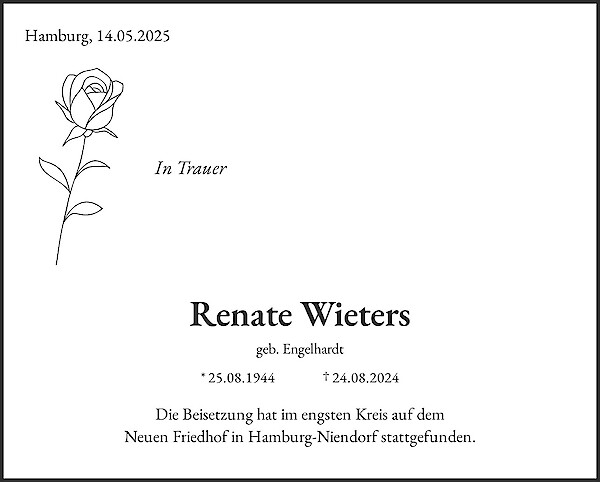 Traueranzeige von Renate Wieters, Hamburg