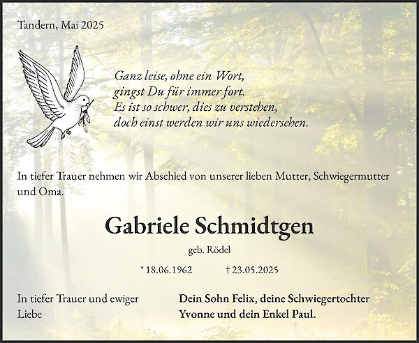 Traueranzeige von Gabriele Schmidtgen, Oberumbach
