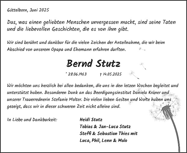 Traueranzeige von Bernd Stutz