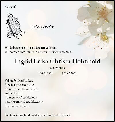 Ingrid Erika Christa Hohnhold, Fürstenwalde / Spree
