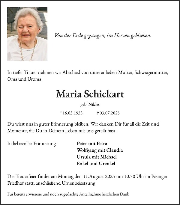 Traueranzeige von Maria Schickart