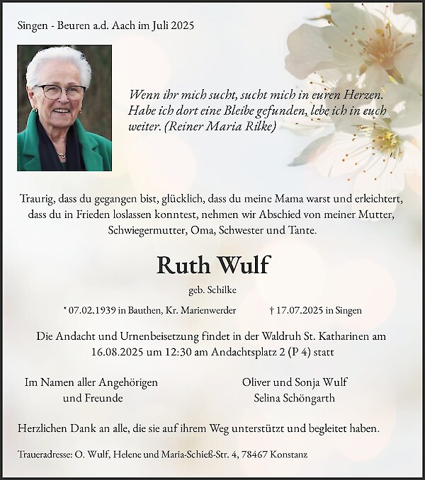 Traueranzeige von Ruth Wulf