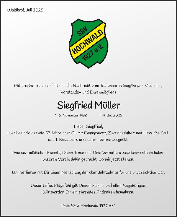 Traueranzeige von Siegfried Müller, Waldbröl