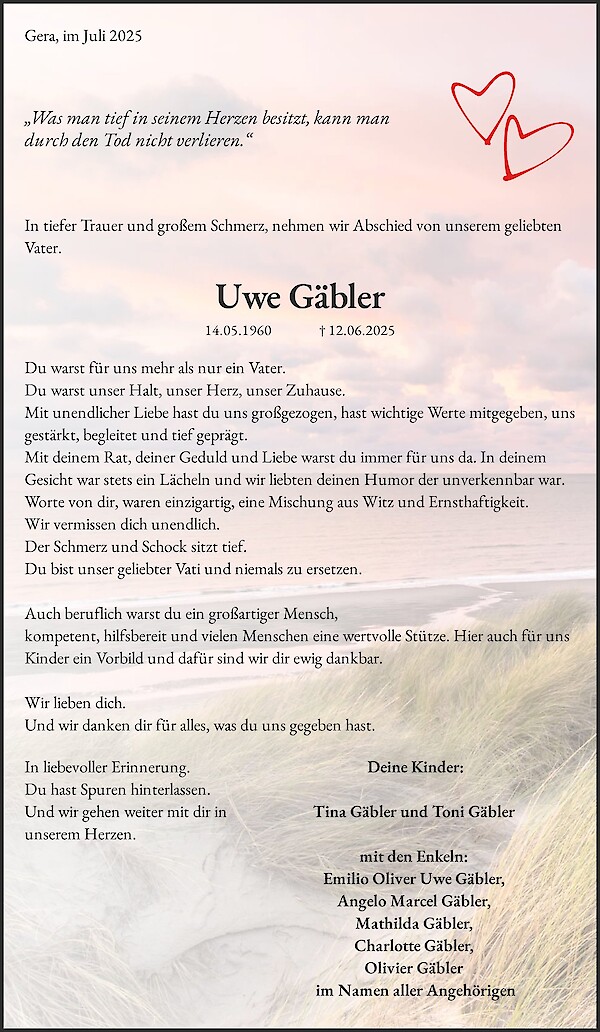 Traueranzeige von Uwe Gäbler, Gera
