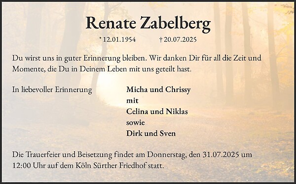 Traueranzeige von Renate Zabelberg