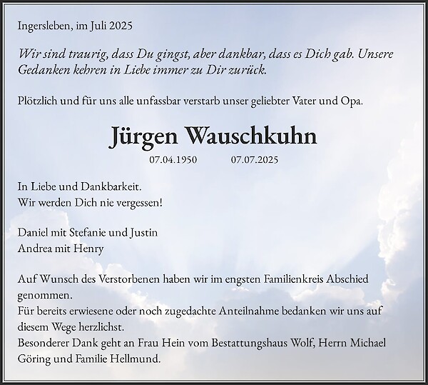 Traueranzeige von Jürgen Wauschkuhn, Ingersleben