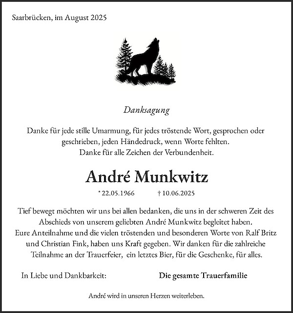 Traueranzeige von André Munkwitz, Heusweiler