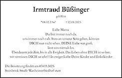 Traueranzeige Irmtraud Büßinger, Duisburg
