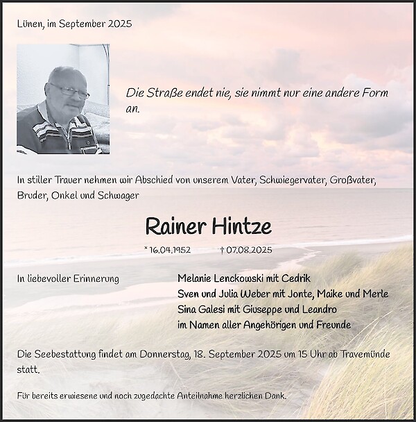 Traueranzeige von Rainer Hintze