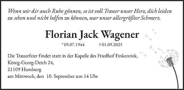 Traueranzeige von Florian Jack Wagener