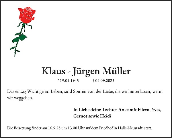 Traueranzeige von Klaus - Jürgen Müller, Halle Saale