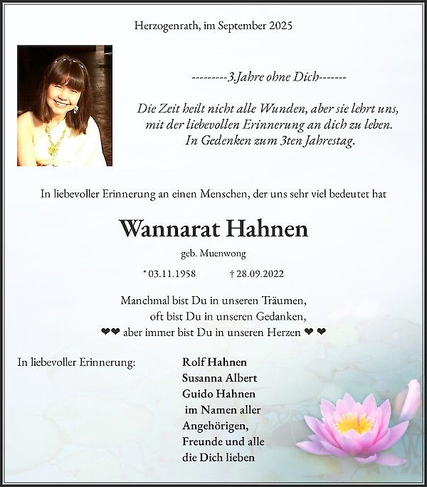 Traueranzeige von Wannarat Hahnen, Herzogenrath