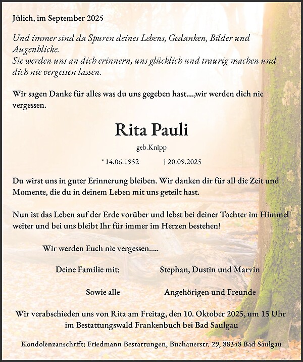Traueranzeige von Rita Pauli, Jülich