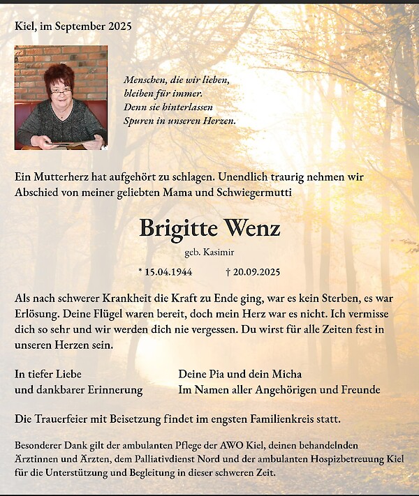 Traueranzeige von Brigitte Wenz, Kiel