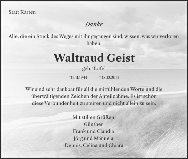 Traueranzeige von Waltraud Geist, Brakel