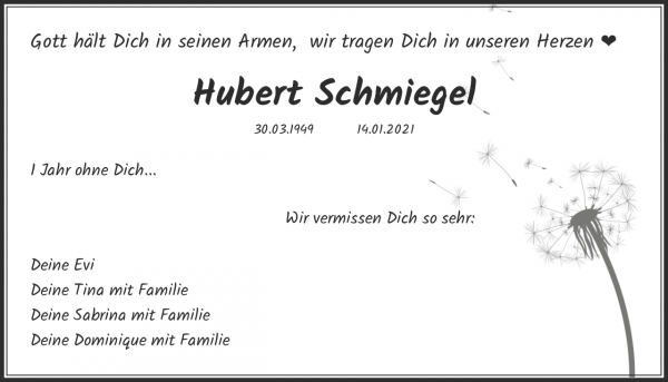 Traueranzeige von Hubert Schmiegel, Weiden