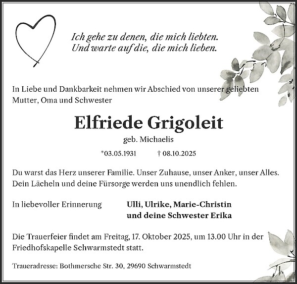 Traueranzeige von Elfriede Grigoleit