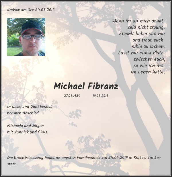 Traueranzeige von Michael Fibranz, Boldebuck