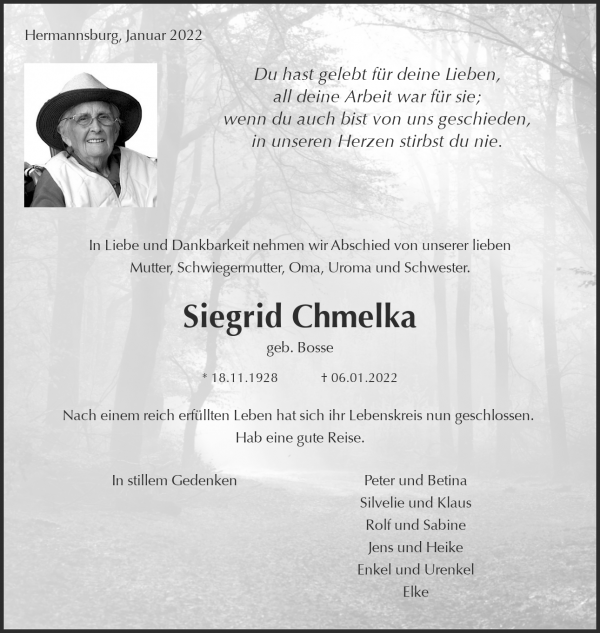 Traueranzeige von Siegrid Chmelka, Hermannsburg