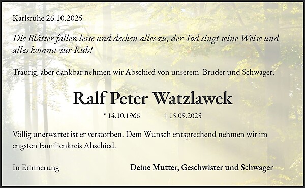 Traueranzeige von Ralf Peter Watzlawek, Karlsruhe