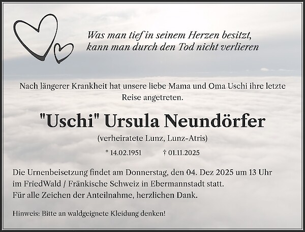 Traueranzeige von "Uschi" Ursula Neundörfer, Uehlfeld