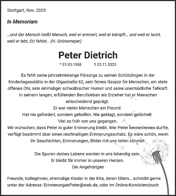 Jahresgedenken von Peter Dietrich, Stuttgart