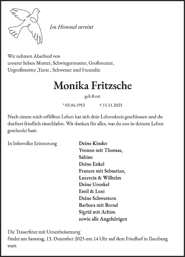 Traueranzeige von Monika Fritzsche, Ilsenburg