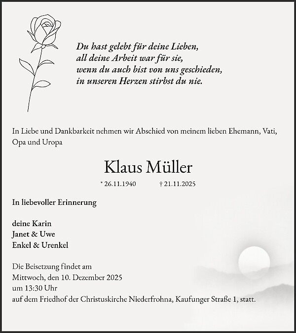 Traueranzeige von Klaus Müller