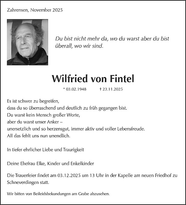 Traueranzeige von Wilfried von Fintel, Zahrensen