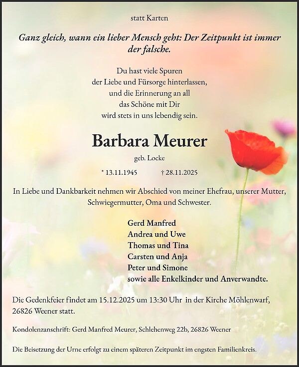 Traueranzeige von Barbara Meurer, Weener