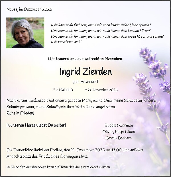 Traueranzeige von Ingrid Zierden, Kaarst