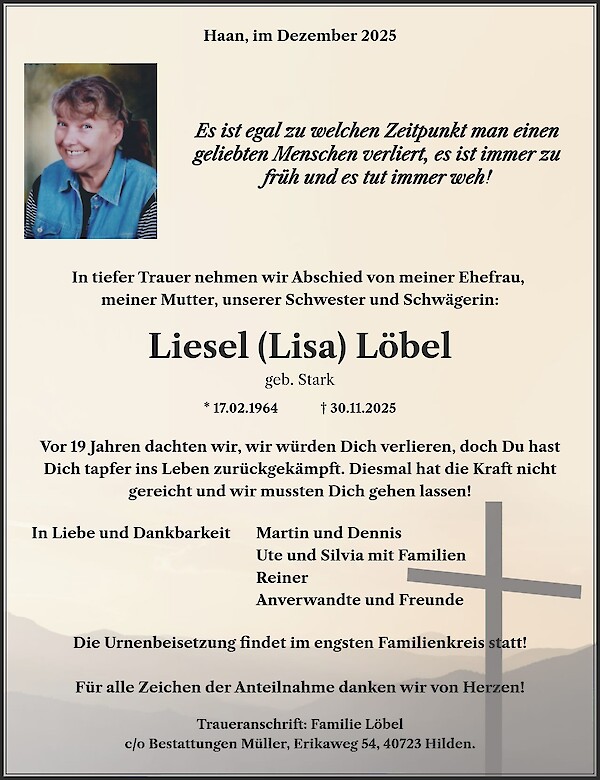 Traueranzeige von Liesel (Lisa) Löbel, Haan