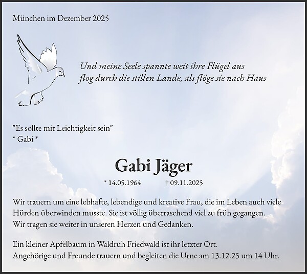 Traueranzeige von Gabi Jäger, Gronsdorf bei Haar