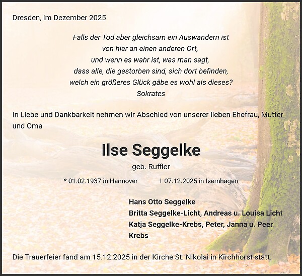 Traueranzeige von Ilse Seggelke, Oldenburg