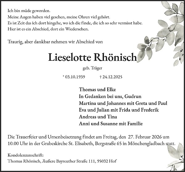 Traueranzeige von Lieselotte Rhönisch