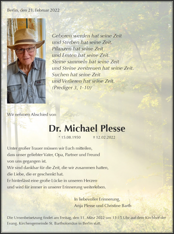 Traueranzeige von Dr. Michael Plesse, Berlin