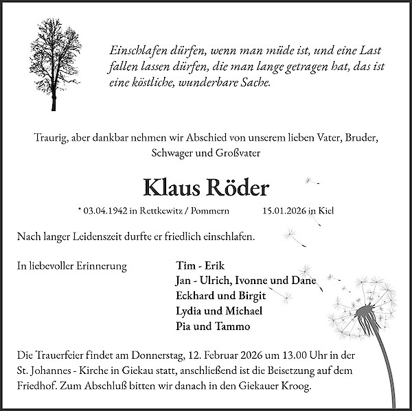 Traueranzeige von Klaus Röder