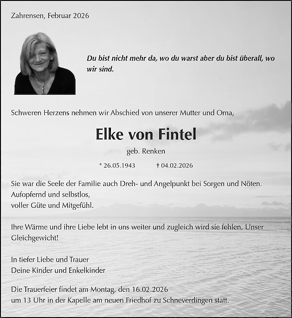 Traueranzeige von Elke von Fintel, Zahrensen
