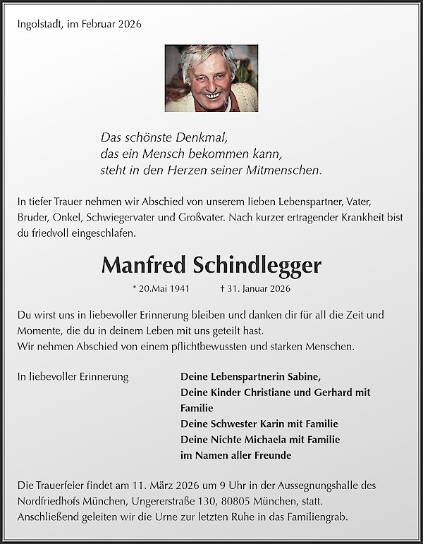 Traueranzeige von Manfred Schindlegger, Ingolstadt