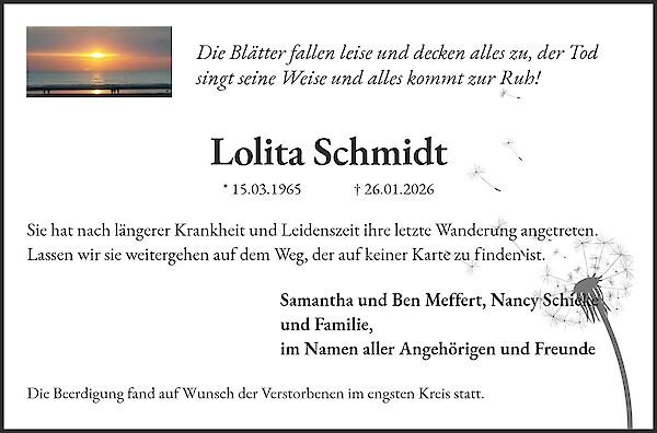 Traueranzeige von Lolita Schmidt, Bad Frankenhausen